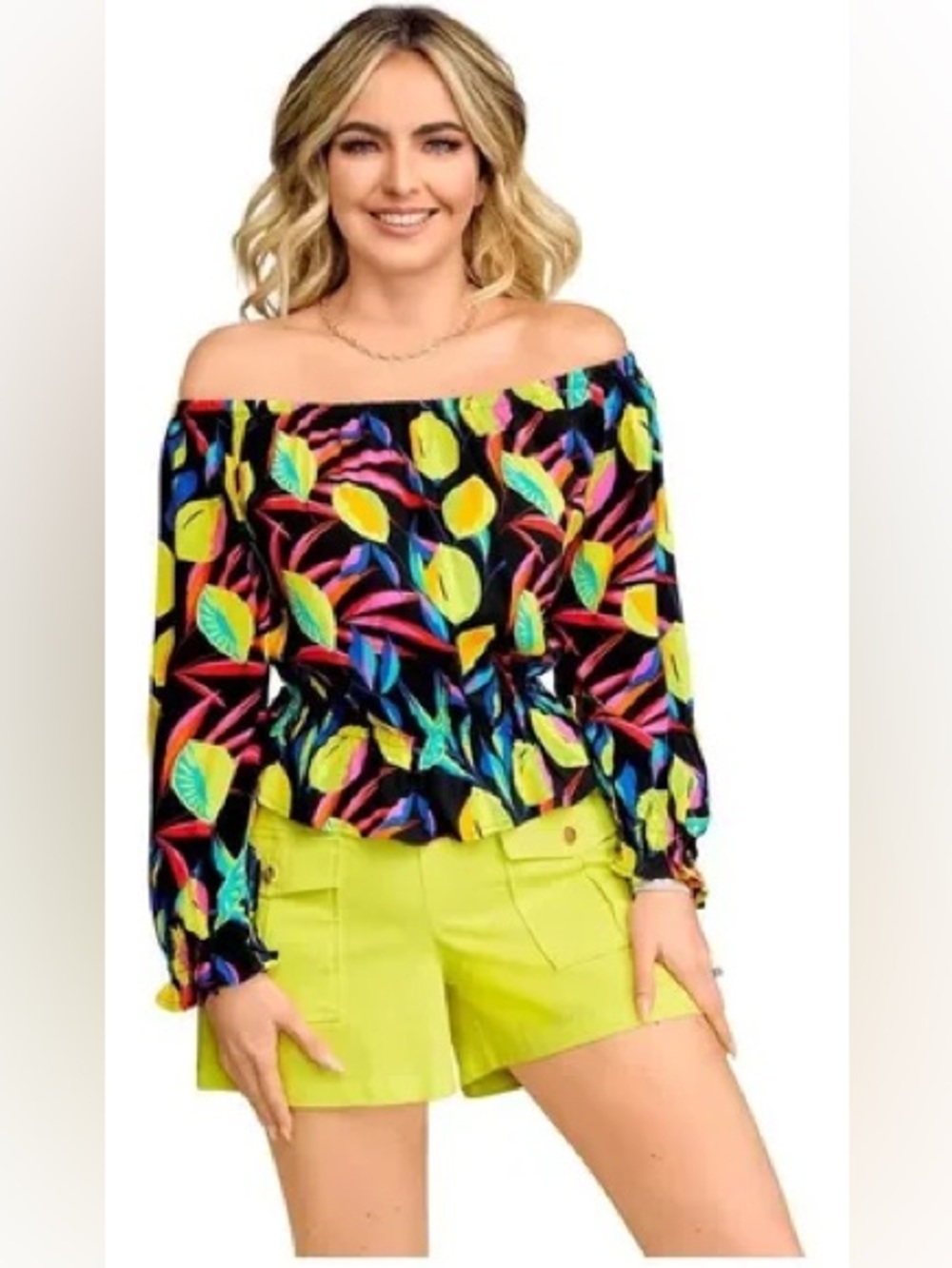 ❤️❤️Women’s Off-Shoulder Black Floral Print Top - Bright Multi